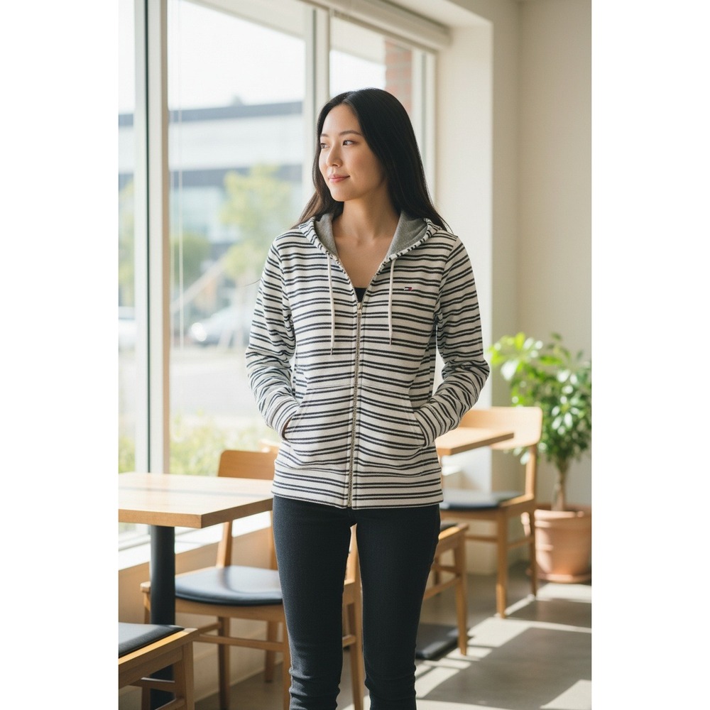 Tommy Hilfiger‎ Women's Striped Zip Up Hoodie Gray White Size Medium Casual